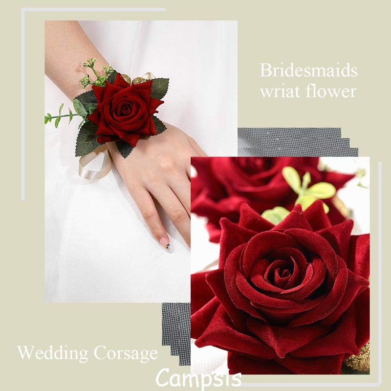 Campsis Red Rose Wrist Corsage, Gold-Accented Artificial Flowers with Satin Ribbon, Wedding and Prom Formal Wear - Image 4